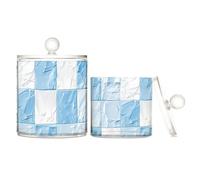 Lot de 2 bacs de rangement en plastique transparent à motif à carreaux bleu clair et blanc avec couvercle pour salle de bain essentiels de salle de bain