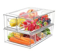 Lot de 2 bacs de rangement pour réfrigérateur avec tiroir extractible - Ensemble de rangement de tiroir de réfrigérateur empilables avec poignée pour cuisine, garde-manger et congélateur