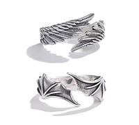 Lot de 2 bagues classiques unisexes avec ouverture en forme d'aile et plume réglables pour petit ami, petite amie, alliances assorties pour homme et femme