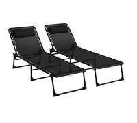 Outsunny Lot de 2 transats bain de soleil pliables, dossier inclinable, acier textilène noir