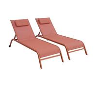 Lot de 2 bains de soleil acier terracotta multi positions avec coussin et roulettes - Ona