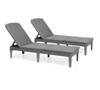 Lot de 2 bains de soleil - Allibert by KETER - JAIPUR - en résine imitation rotin tressé - coussin - dossier réglable - gris