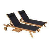 Lot de 2 bains de soleil avec coussin et tablette en bois noir - Oviala
