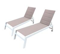 Happy Garden Lot de 2 Bains de Soleil Barbados en textilène Taupe et Aluminium Blanc. Transat d'extérieur Multi Position.