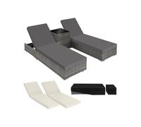tectake® Set de 2x Chaise Longue Bain de Soleil avec Dossier réglable + Table de Jardin en Aluminium et Resine Tressee + 2 Set de Housses + Housse de Protection Piscine Balcon Jardin - Gris