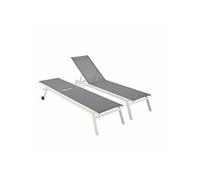 Lot de 2 bains de soleil ELSA en aluminium blanc et textilène gris. transats multi positions avec roulettes