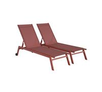 Lot de 2 bains de soleil Elsa en aluminium et textilène terracotta. transats multi positions avec roulettes