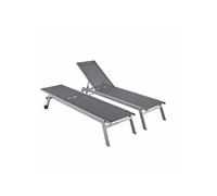 Lot de 2 bains de soleil ELSA en aluminium gris et textilène gris foncé. transats multi positions avec roulettes