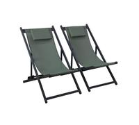 Lot de 2 bains de soleil kaki - Transat en aluminium avec coussin repose tête. chilienne