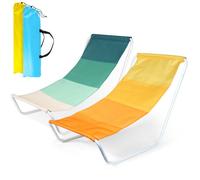 Lot de 2 bains de soleil pliantes VILDE - Structure métallique blanche, tissu polyester vert et jaune, sac de transport inclus
