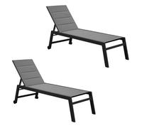 Lot de 2 bains de soleil Solis en textilène matelassé. transats 6 positions. structure gris anthracite. textilène gris