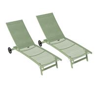 Outsunny Lot de 2 Bains de Soleil transat Chaise Longue inclinable en Aluminium et textilène avec roulettes Dossier Multipositions Charge Max. 150 Kg Vert foncé