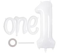 Lot de 2 ballons en aluminium en forme de chiffre 1 de 101,6 cm et de 104,1 cm avec bannière en forme de chiffre pour enfants, fête prénatale, 1er anniversaire (blanc)