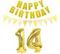Lot de 2 ballons en forme de chiffre 14 doré + guirlande Happy Birthday + bannière dorée pour 14e anniversaire de jeune fille 14 ans Décoration d'anniversaire