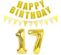 Lot de 2 ballons en forme de chiffre 17 doré + guirlande Happy Birthday + bannière dorée pour 17e anniversaire de jeune fille 17 ans Décoration