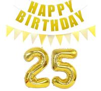 Lot de 2 Ballons en Forme de Chiffre 25 Doré + Guirlande Happy Birthday + Bannière Dorée 25 Ans Anniversaire Homme Femme