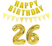 Lot de 2 Ballons en Forme de Chiffre 26 Doré + Guirlande Happy Birthday + Bannière Dorée 26 Ans Anniversaire Homme Femme