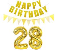 Lot de 2 ballons en forme de chiffre 28 doré + guirlande Happy Birthday + bannière dorée 28 ans Décoration d'anniversaire pour homme femme 28 ans anniversaire