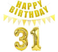 Lot de 2 ballons en forme de chiffre 31 doré + guirlande Happy Birthday + bannière dorée 31e anniversaire
