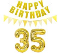 Lot de 2 ballons en forme de chiffre 35 doré + guirlande Happy Birthday + bannière dorée 35 ans anniversaire