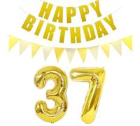 Lot de 2 ballons en forme de chiffre 37 doré + guirlande Happy Birthday + bannière dorée 37 ans Décoration d'anniversaire pour hommes et femmes 37 ans 37 ballons d'anniversaire