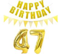 Lot de 2 ballons en forme de chiffre 47 doré + guirlande Happy Birthday + bannière dorée 47 ans Décoration d'anniversaire pour hommes et femmes 47 ans Ballon d'anniversaire 47 ballons