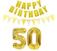 Lot de 2 ballons en forme de chiffre 50 - Doré - Guirlande Happy Birthday - Bannière dorée - 50 ans - Décoration d'anniversaire - Pour hommes et femmes - 50 ballons d'anniversaire