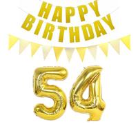 Lot de 2 ballons en forme de chiffre 54 doré + guirlande Happy Birthday + bannière dorée 54 ans Décoration d'anniversaire pour hommes et femmes 54 ans Ballon d'anniversaire 54 ballons