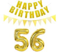 Lot de 2 ballons en forme de chiffre 56 doré + guirlande Happy Birthday + bannière dorée 56 ans Décoration d'anniversaire pour hommes et femmes 56 ans Ballons d'anniversaire