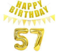Lot de 2 ballons en forme de chiffre 57 doré + guirlande Happy Birthday + bannière dorée 57 ans Décoration d'anniversaire pour hommes et femmes 57 ans Ballon d'anniversaire 57 ballons