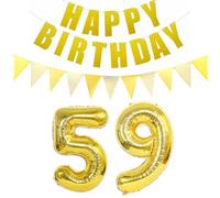 Lot de 2 Ballons en Forme de Chiffre 59 Doré + Guirlande Happy Birthday + Bannière Dorée 59e Anniversaire