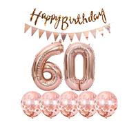 Lot de 2 ballons en forme de chiffre 60 + guirlande d'anniversaire + bannière or rose + 5 ballons confettis pour décoration d'anniversaire garçon fille 60 ans