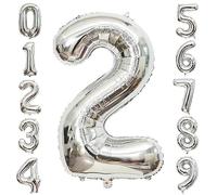 Lot de 2 ballons en forme de chiffre pour 2, anniversaire, anniversaire de mariage, événements - Argenté - 101,6 cm