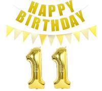 Lot de 2 ballons gonflables en forme de chiffre 11 doré + guirlande Happy Birthday + bannière dorée pour 11e anniversaire de jeune fille de 11 ans - Décoration d'anniversaire