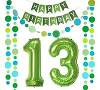 Lot de 2 ballons gonflables en forme de chiffre 13 vert + guirlande Happy Birthday + bannière verte pour 13ème anniversaire fille garçon 13 ans décoration anniversaire