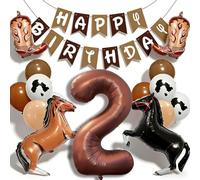 Lot de 2 ballons marron en forme de cheval de cowboy avec bannière « Happy Birthday » en latex imprimé vache pour décorations de fête d'anniversaire de cowboy occidental