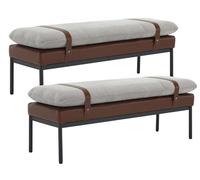 Lot de 2 bancs d'entrée modernes rembourrés en chenille, ottomane rectangulaire élégante avec sangle en polyuréthane et pieds en métal, table de salle à manger et rangement à chaussures pour chambre à