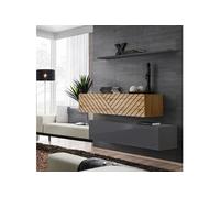 Lot de 2 Bancs Muraux & Etagère "Switch SBII" 130cm Gris & Naturel Rainuré