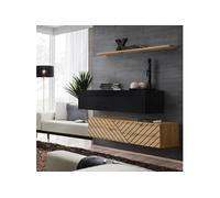 Lot de 2 Bancs Muraux & Etagère "Switch SBII" 130cm Naturel Rainuré & Noir