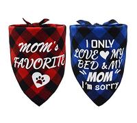 Lot de 2 bandanas triangulaires à carreaux pour chien Inscription Mom's Favorite and I Only Love My Bed and My Mom I'm Sorry Rouge et Bleu