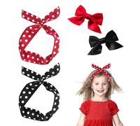 Lot de 2 bandeaux à pois mignons avec 2 pinces à cheveux en forme de nœud - Style rétro classique - Pour femme - Peuvent être pliés et torsadés (rouge, noir)
