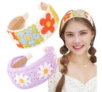 Lot de 2 bandeaux au crochet avec fleurs mignonnes - Foulard tricoté à motif floral jaune - Foulard élégant et antidérapant pour cheveux fins et épais bouclés pour femmes et filles