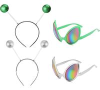 Lot de 2 bandeaux avec lunettes d'alien, antenne martiale, film de couleur argenté et cadre vert, 2 bandeaux extraterrestres, convient comme accessoires photo et accessoires d'ambiance pour les fêtes