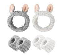 Lot de 2 bandeaux avec oreilles de lapin et 4 bandeaux de poignet pour femme - Bandeaux élastiques - Pour se laver le visage, se maquiller, se baigner - Blanc et gris