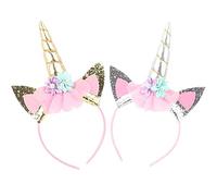 Lot de 2 bandeaux de cheval arc-en-ciel avec oreilles et fleurs - Argenté/doré - Pour petites filles