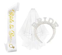 Lot de 2 bandeaux de mariée, voile et écharpe, motif feuille d'or rose blanc, accessoires de mariage pour fête prénuptiale et enterrement de vie de jeune fille, bandeau et écharpe Bride to Be