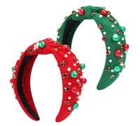 Lot de 2 bandeaux de Noël pour femme - Serre-tête de Noël avec perles rouges et vertes avec strass - Bandeaux tendance et élégants avec nœud supérieur pour femmes (rouge et vert)