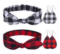 Lot de 2 bandeaux de Noël rétro à carreaux avec motif à carreaux et 2 paires de boucles d'oreilles en simili cuir pour filles et femmes