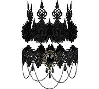 Lot de 2 bandeaux d'Halloween vintage en dentelle noire avec chaîne de cou et couronne florale gothique et bal masqué, steampunk, bijoux gothiques, accessoires pour femme, vampire, sorcière, cosplay, noir, M/L