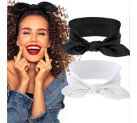 Lot de 2 bandeaux vintage avec oreilles de lapin et nœud, style bohème, accessoires pour cheveux pour femmes (noir et blanc)
